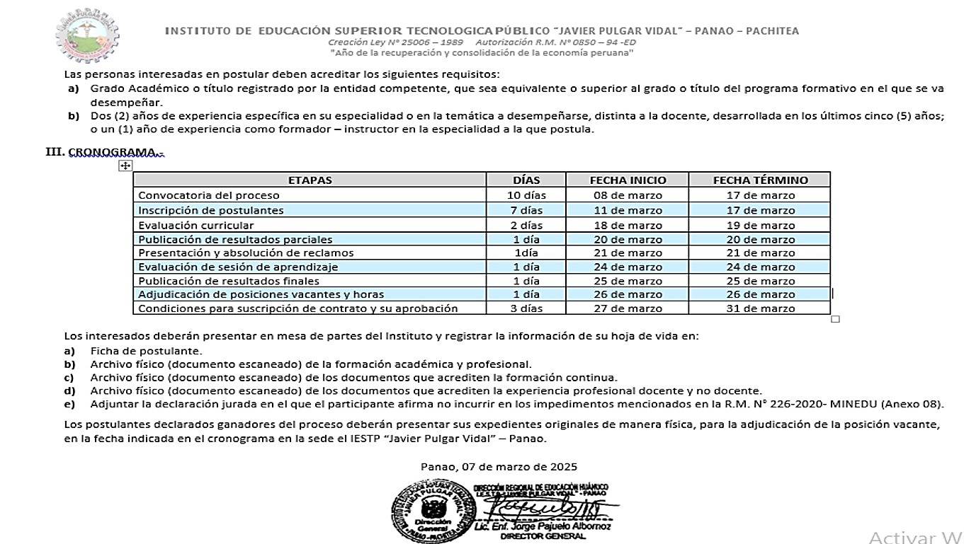 CONVOCATORIA PARA EL PROCESO DE SELECCIÓN Y CONTRATACION DE DOCENTES REGULARES 2025